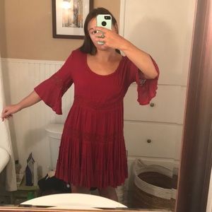 Red flowy chiffon tiered dress with bell sleeves